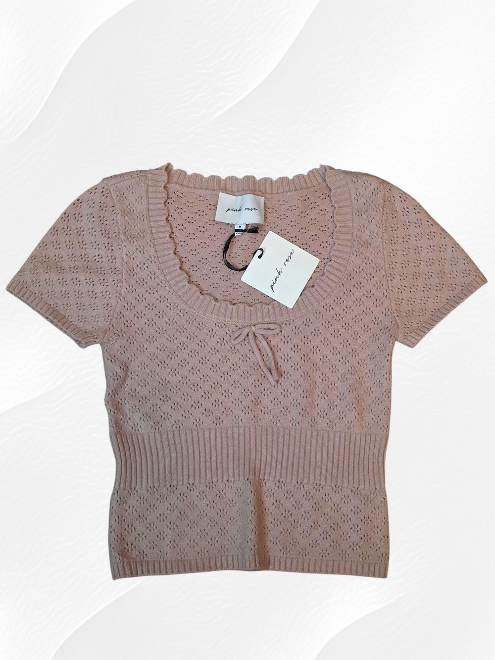 NWT Pink Rose Blush Pointelle Knit Sweater Top Medium Cottagecore Coquette Bow
